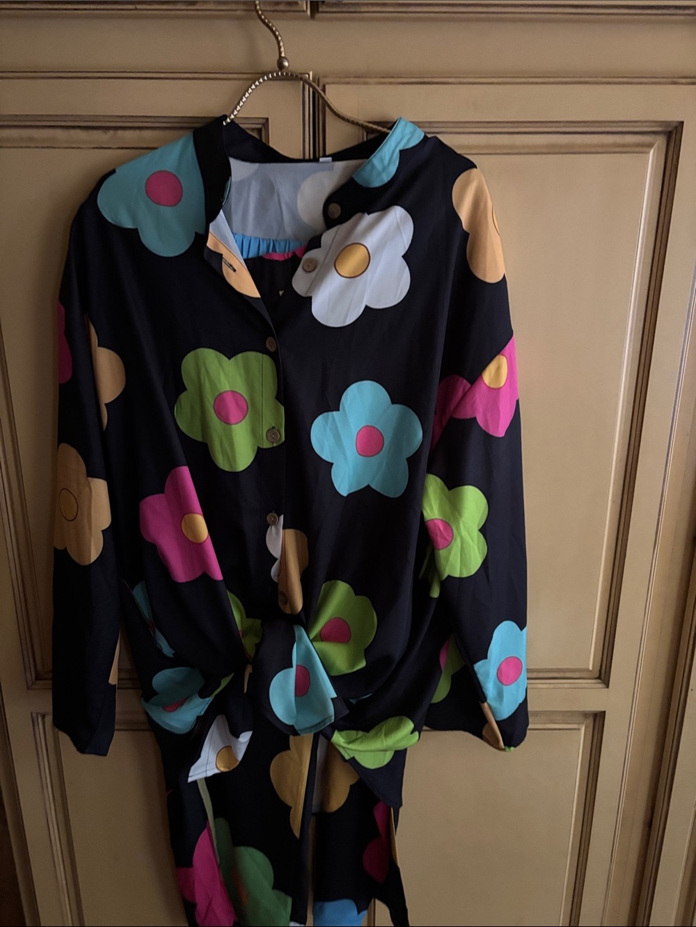 Black Floral Button-Up Top with Tie Front and matching elastic waist pant